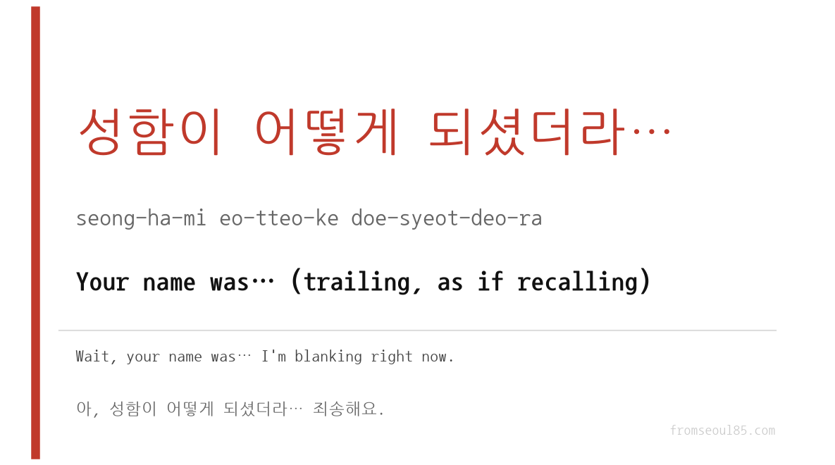 죄송한데, 제가 성함을 깜빡했어요 (joe-song-han-de, je-ga seong-ha-meul kkam-ppak-haess-eo-yo) — Sorry, I blanked on your name