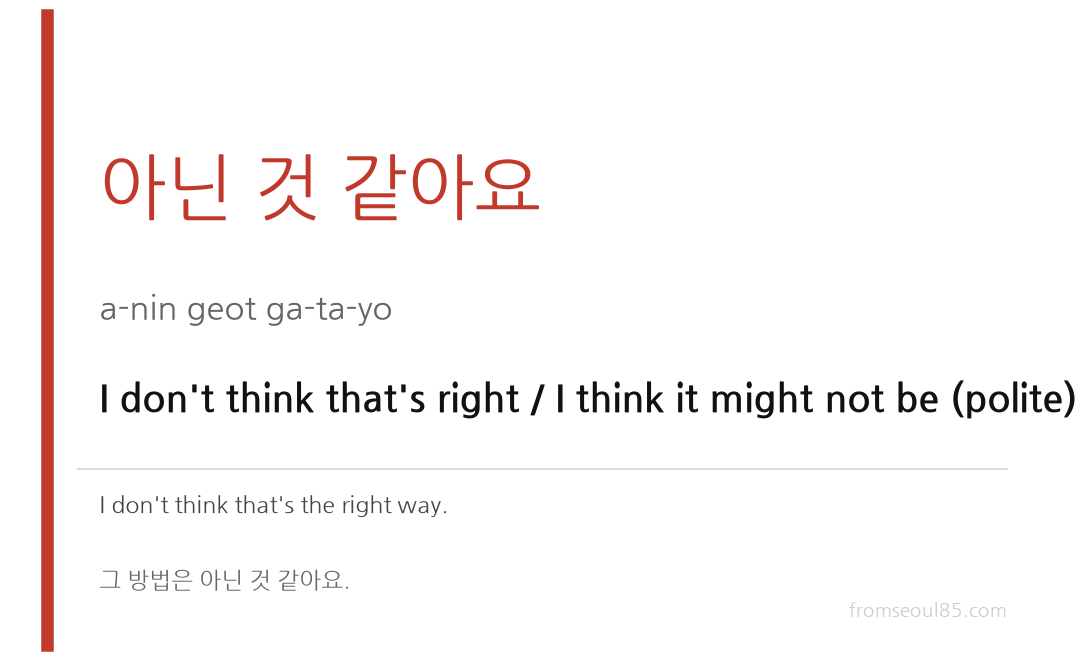 아닌 것 같아요 (a-nin geot ga-ta-yo) — I don't think that's right / I think it might not be (polite)