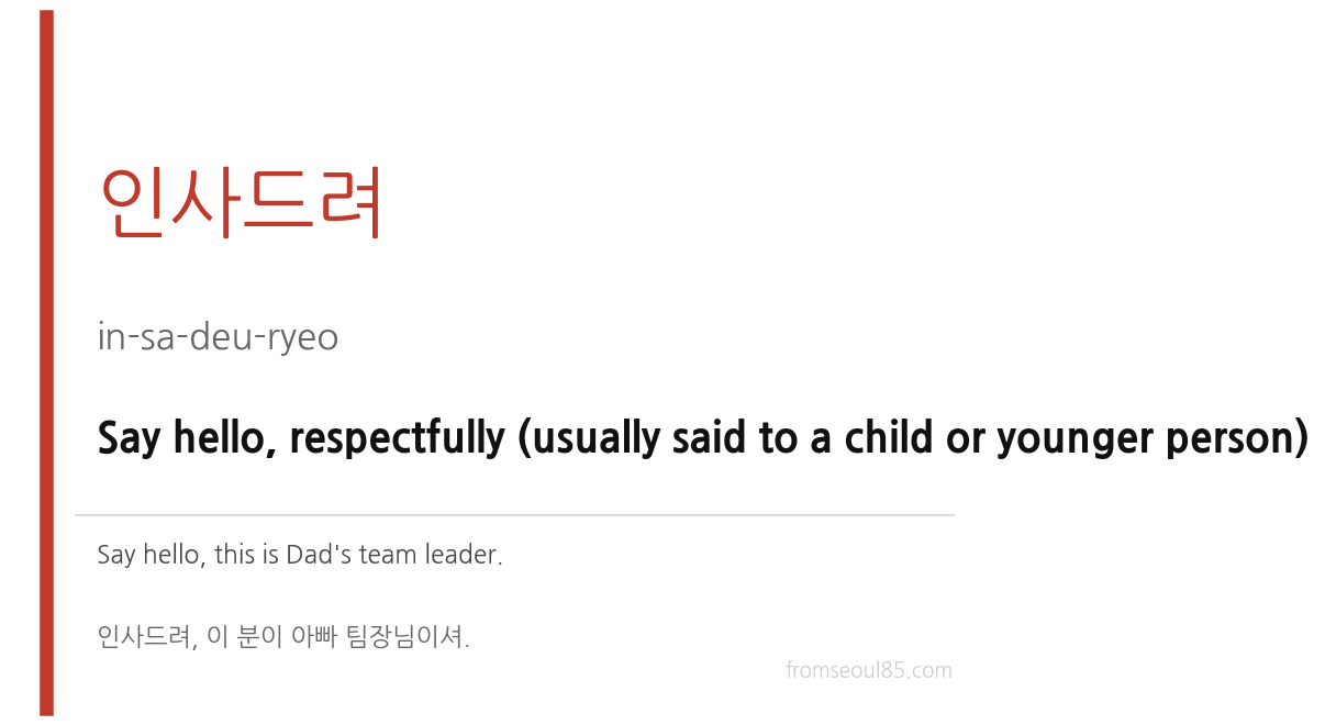 인사드려 (in-sa-deu-ryeo) — Say hello, respectfully (usually said to a child or younger person)