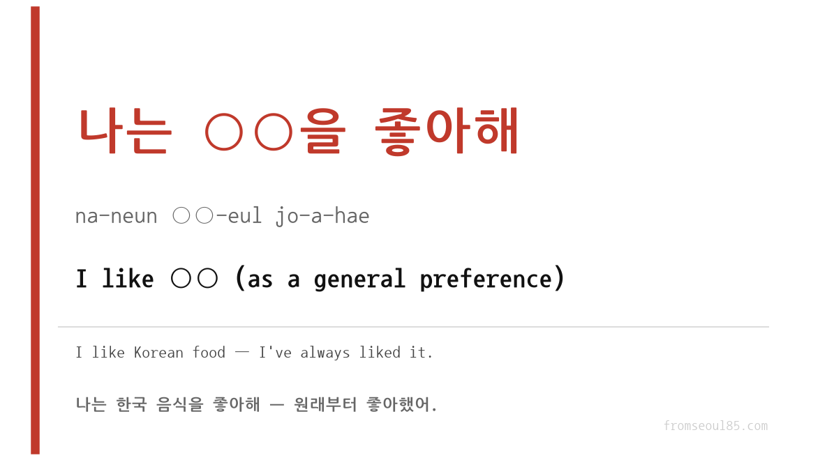 나는 ○○을 좋아해 (na-neun ○○-eul jo-a-hae) — I like ○○ (as a general preference)