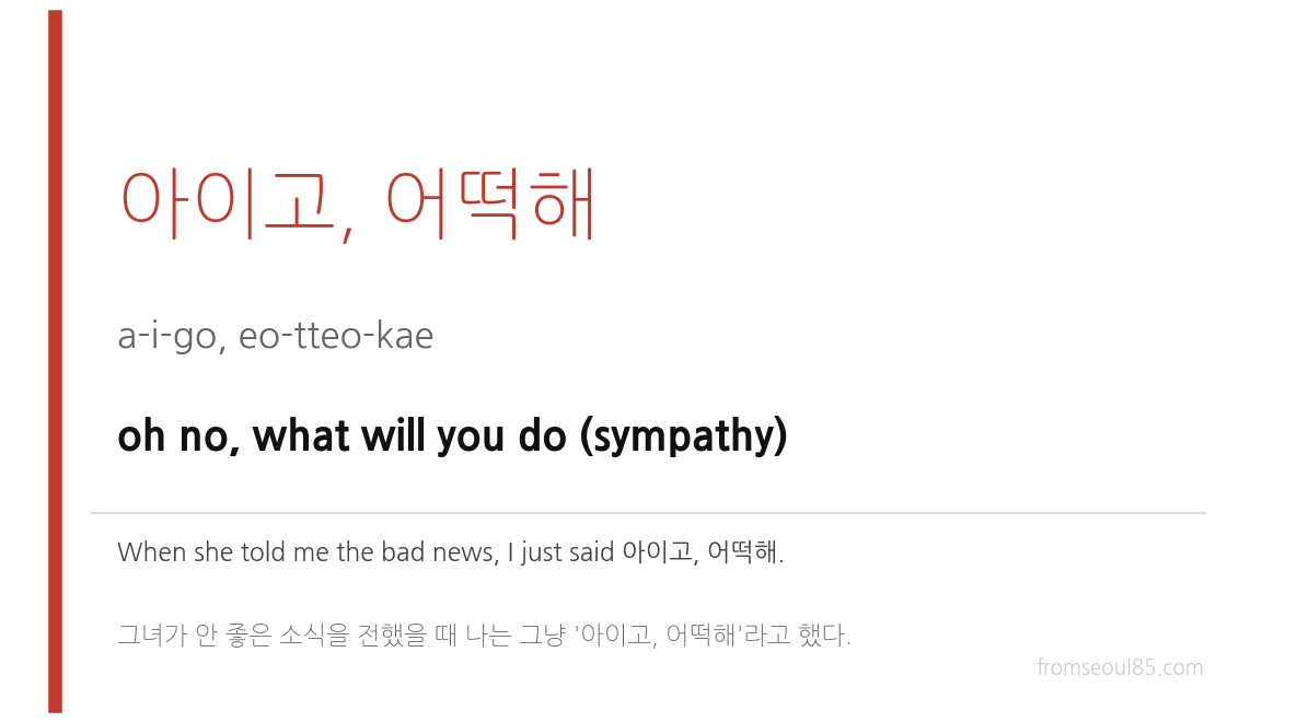 아이고, 어떻해 (a-i-go, eo-tteo-kae) — oh no, what will you do (sympathy)