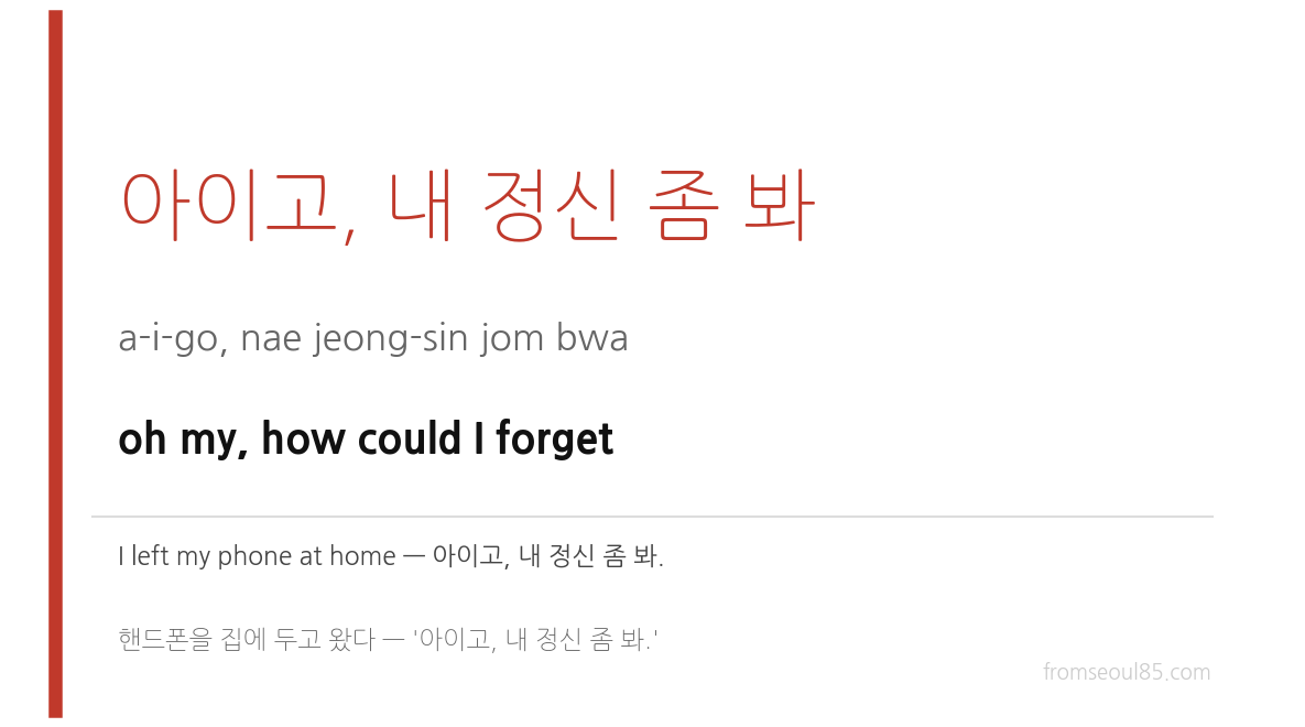 아이고, 내 정신 좀 봐 (a-i-go, nae jeong-sin jom bwa) — oh my, how could I forget