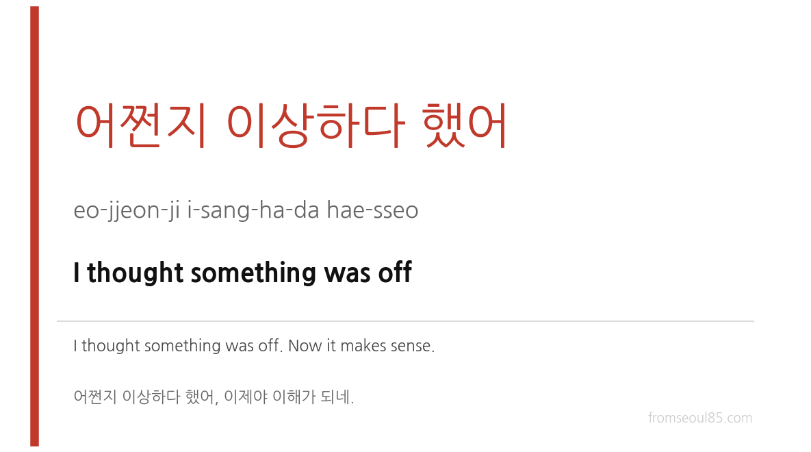 어쩐지 이상하다 했어 (eo-jjeon-ji i-sang-ha-da hae-sseo) — I thought something was off