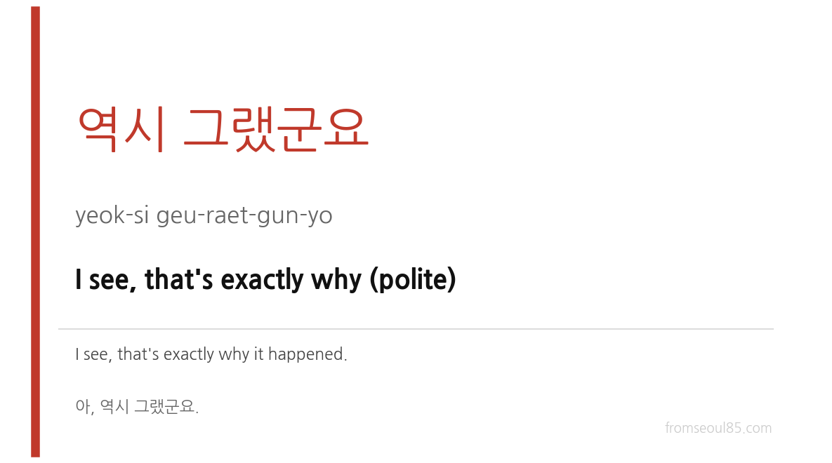 역시 그랬군요 (yeok-si geu-raet-gun-yo) — I see, that's exactly why (polite)