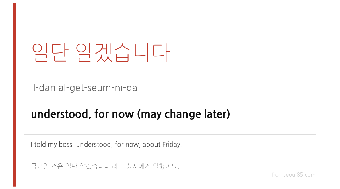 일단 알겠습니다 (il-dan al-get-seum-ni-da) — understood, for now (may change later)
